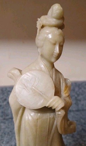 2 Vintage Chinese Soapstone Figures Guan Yin With Fan On Fixed Pedestal - Picture 10 of 12