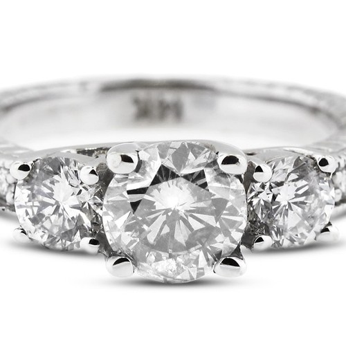 4.09ct E-SI2 Round Natural Diamonds 18kw Gold Vintage Style Three-Stone Ring - Picture 15 of 24