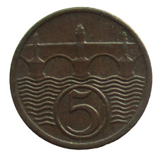 Czechoslovakia 5 Heller 1938 Copper Karlsbr&uuml;cke REPUBLIKA ESKOSLOVENSK&Aacute; Coin