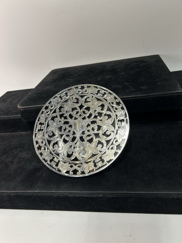Sterling Silver Overlay Glass Trivet – Ornate Floral Design, Engraved Initial