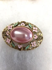 Vtg nos gold tone enamel filigree floral faux pearl Pin
