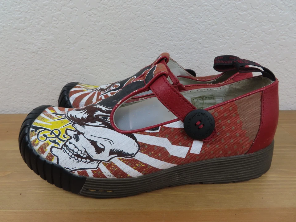 Zapatos Dr Doc Martens 12585 para mujer EE. UU. 6 calaveras rojas sol naciente lona Mary Jane Foto 3 de 4