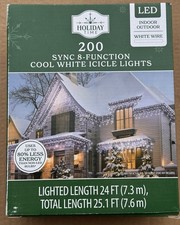 New  200-Count LED 8 Function-Sync Icicle Christmas Lights, COOL White, 24'