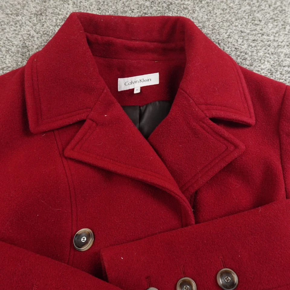 Calvin Klein Coat Womens 16 Red Wool Blend Belted Double Breasted Peacoat Jacket - Image 3 of 4
