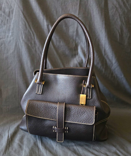 Loro Piana Brown Pebbled Satchel/Top Handle Double Handles Zip/Magnetic Gold