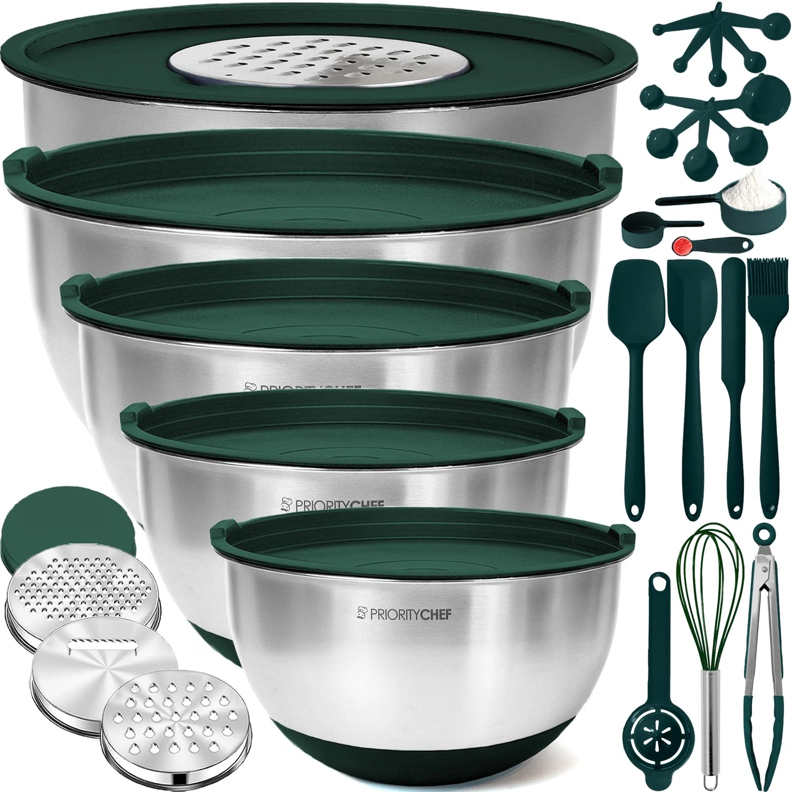 Priority Chef Stainless Steel Mixing Bowls w/Lids Set, Metal Nesting - Green