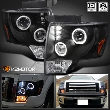 Black Fits 2009-2014 Ford F150 LED Halo Projector Headlights Lamps Left+Right