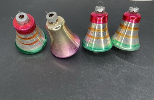 4 Shiny Brite Christmas Ornaments Bell Silver Glass Stripes Ombre Vintage MCM - Picture 4 of 11