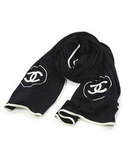 CHANEL Vintage Muffler Black Scarf Wrap W/ White Logo Cashmere Blend Accessory