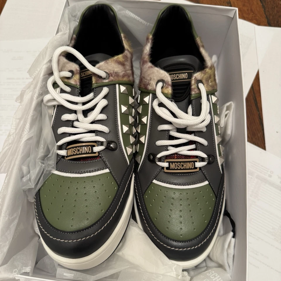 Moschino Couture Hombre Caqui Multicolor Cuero de becerro Zapatilla Baja 46 Foto 2 de 4