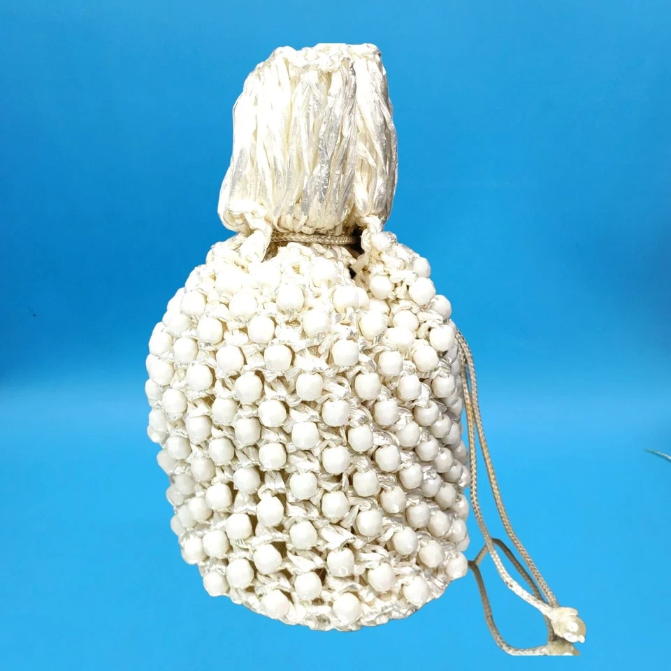 Vintage 1960s Beaded Drawstring Purse • Handmade in Hong Kong • Off White Satin - Image 3 of 4