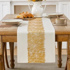 Metallic Style Fall Table Runner, Cotton and Linen Christmas Gold Table Runne...