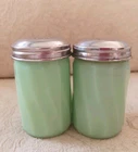 Vintage JADEITE Opaque Green Milk Glass Salt & Pepper Set Swirl Pattern Metal Li