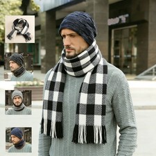 3Pcs 3 in 1 Men's Knit Beanie Hat Fleece Lined Winter Scarf Mask Set with Scarf
