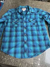 Vintage 90 s Wrangler Bright Teal and Navy Plaid Shirt L Pearl Snap Western