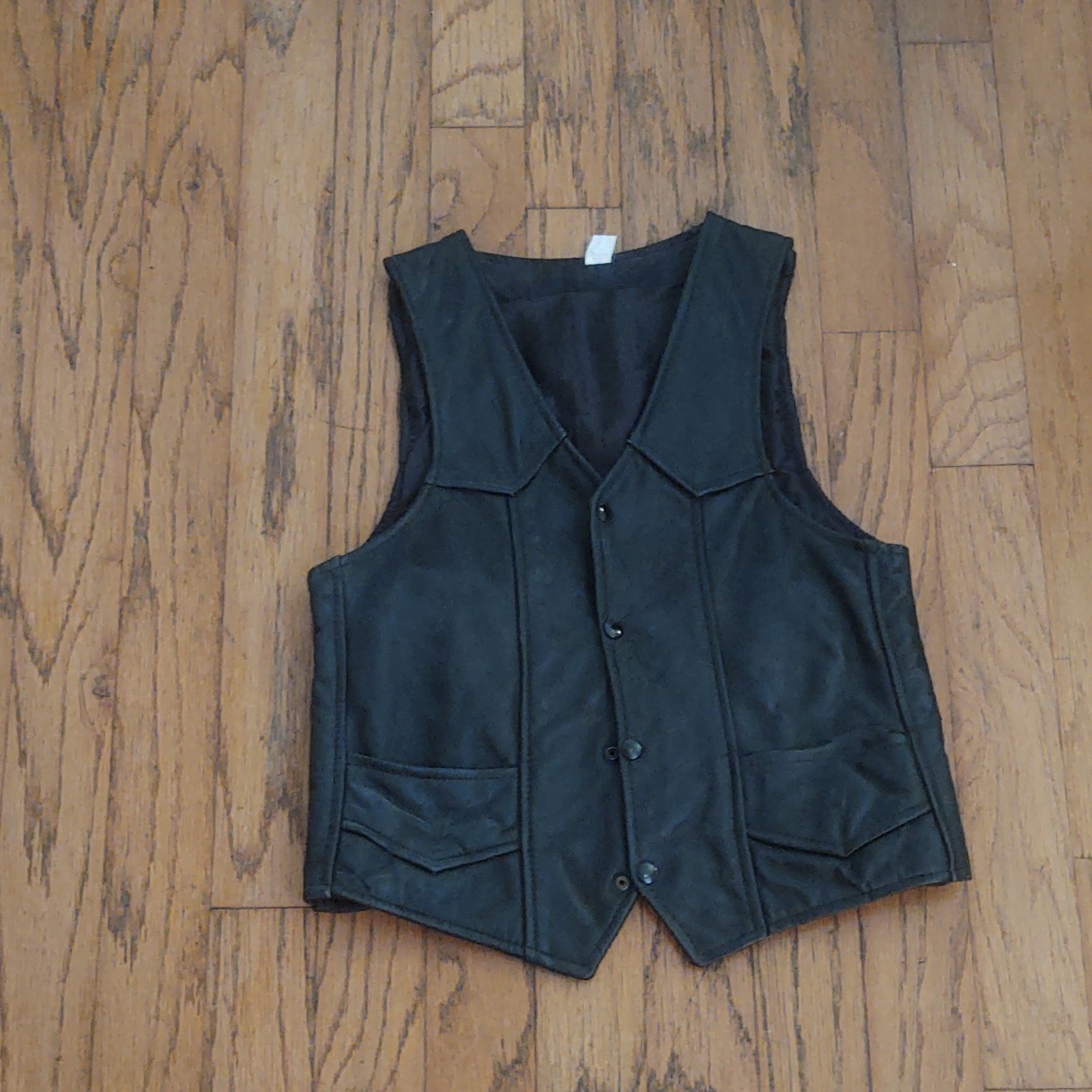 Black Leather Button-Up Vest Pockets Regular Fit Short Solid Men’s Casual