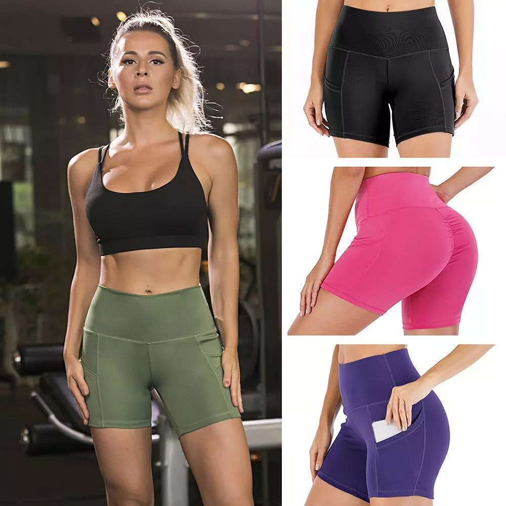 Ladies High-rise Two Side Pockets Workout Yoga Shorts Tummy