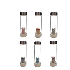 04 - Crystal Infused Healing Glass Water Bottle with Gemstone Chips 9" Tall