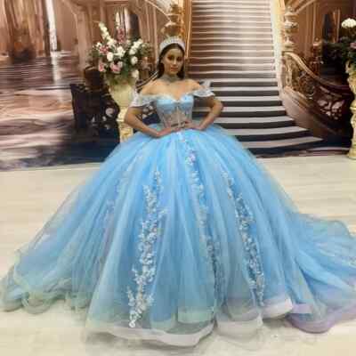 TSxuelian Principessa Dolce 16 Off Spalla Quinceanera Abiti Pizzo Applique A Balze Volant Abiti Da Sposa, Argento, 34 - Foto 5