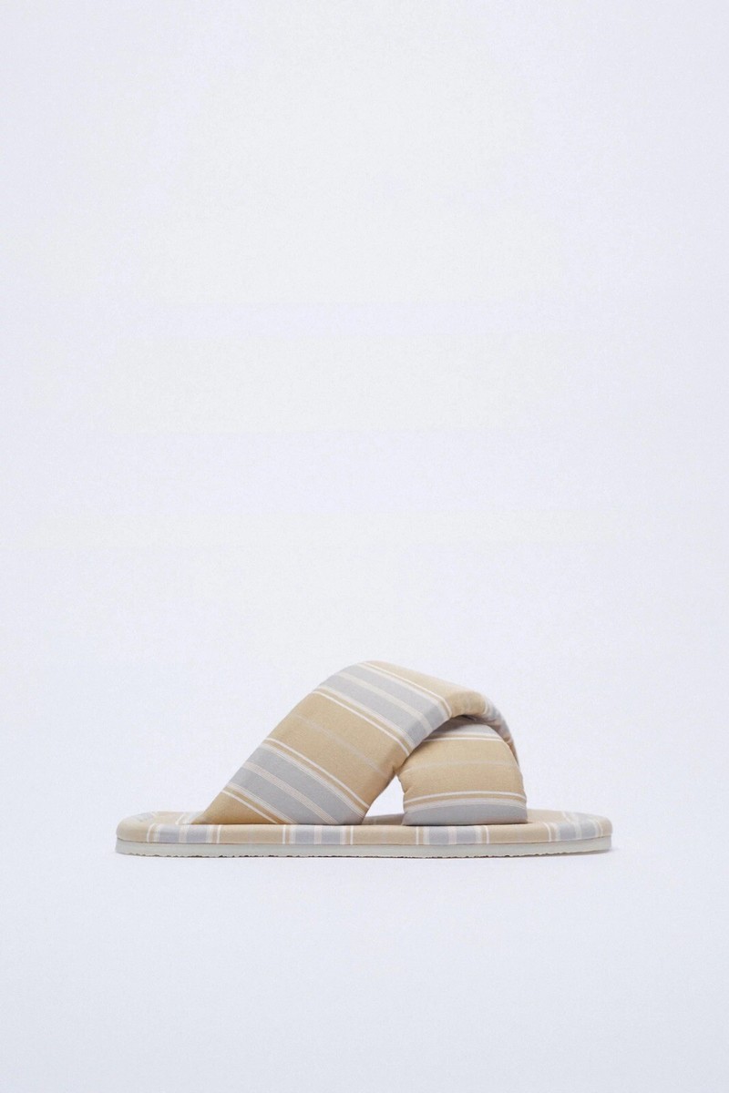 Zara Stripe Padded Slides Chunky Sandals Cross Nude Shoes Pool 40