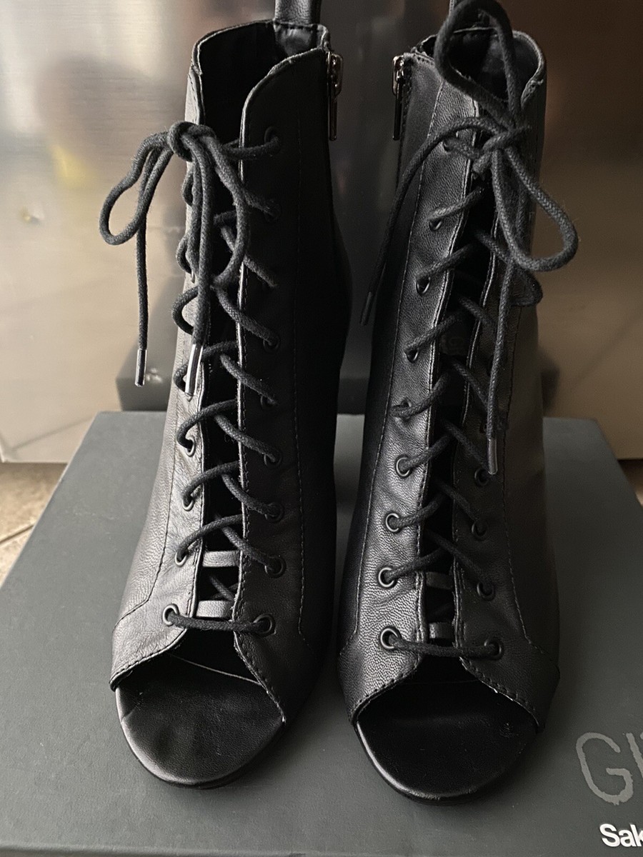 Saks Fifth Avenue Black Leather Lace up Ankle Boots with Peep Toe Size 8.5