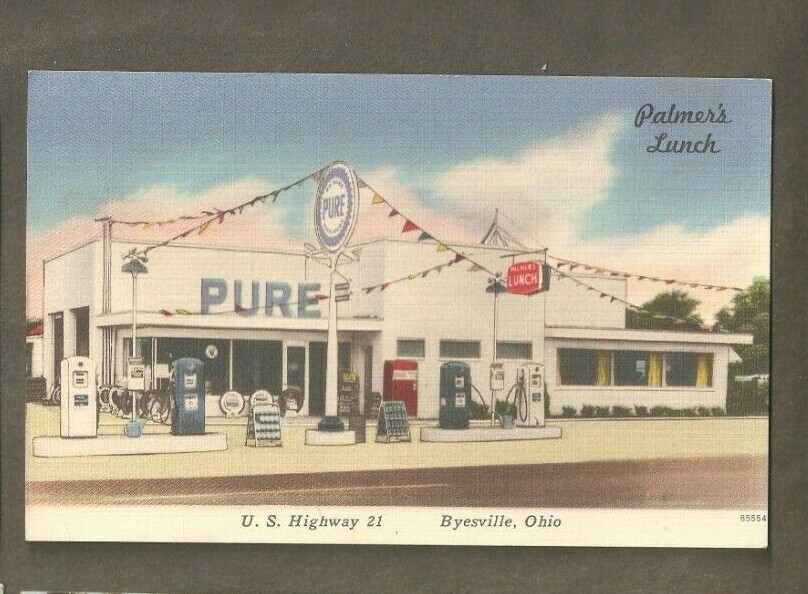 Postcard Pure Gas Service Station Palmer's Lunch Byesville Ohio Highway Route 21 eBay