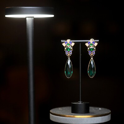 Boucles D'oreilles Dormeuses Chandelier émail Vert Goutte Verre Long Doré - Neuf Sans Emballage