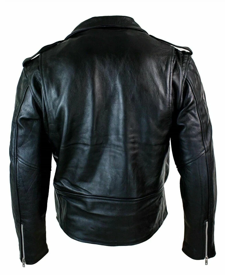 Men's Motorcycle Leather jacket Genuine Buffalo Skin Brando Style Black Biker yh - Image 3 of 4