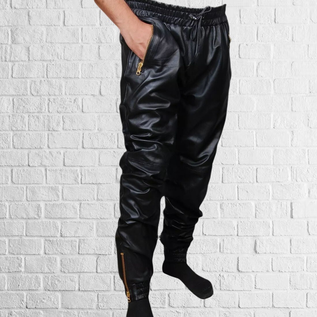 Hombres Auténtico Pantalones de Chándal Piel Cordero Cuero Negro Elegante