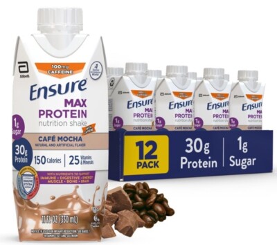 (12 Pack) Ensure Max Protein Cafe Mocha Nutrition Shake, Meal Replacement, 11 Oz