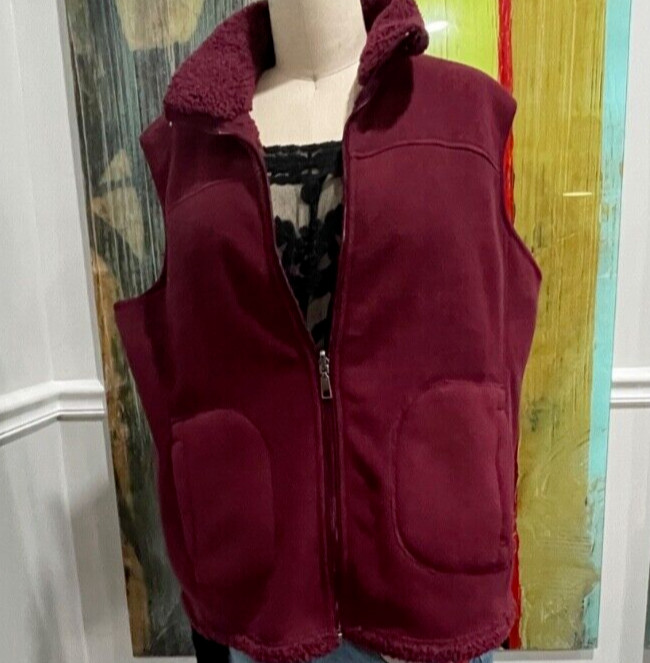 Women's Fashionable Burgundy Zip Up Vest~Size L~Vegan Shearling Lined Boho Chic