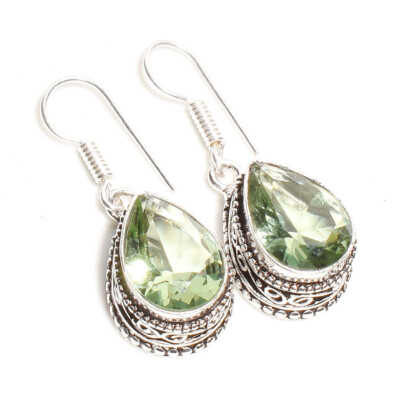 Green Amethyst Gemstone Handmade 925 Sterling Silver Jewelry Earring Sz 1.5''
