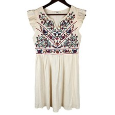 Umgee Embroidered Floral Dress Boho Peasant Flutter Sleeve Ivory Womens M Hippie