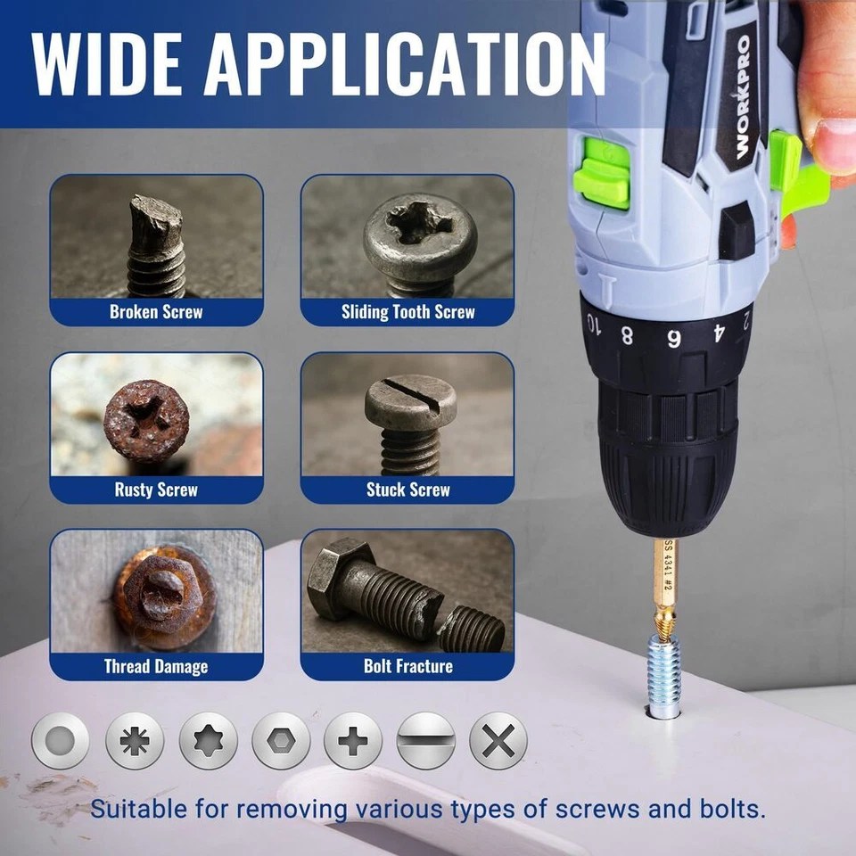 WORKPRO 6 PIEZAS Juego de Extractores de Tornillos Ez Out Brocas Inversas de Tornillo y Tornillo Rotos Foto 4 de 4