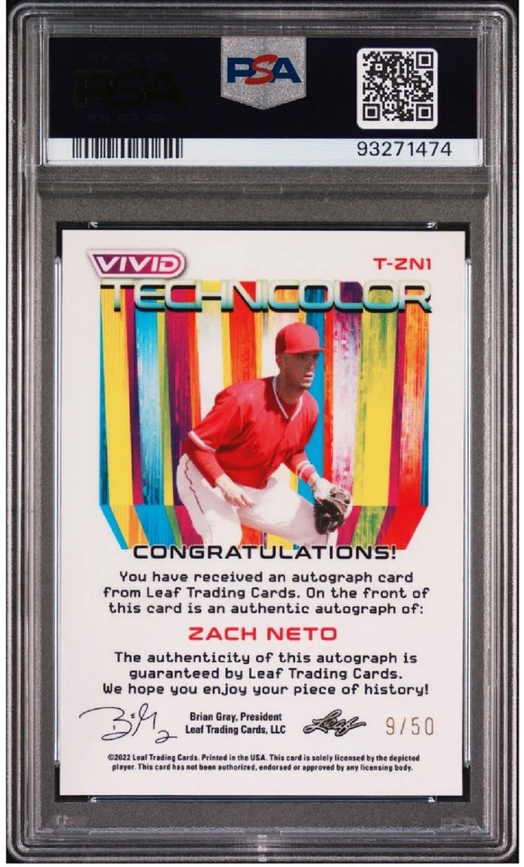 2022 Leaf Vivid Technicolor Yellow  Auto Zach Neto RC Auto SP 9/50 PSA 9 - Image 2 of 2