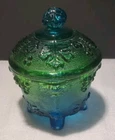 Carnival Jeanette Blue Green Amberina Vintage Footed Candy Dish w/ Original Lid