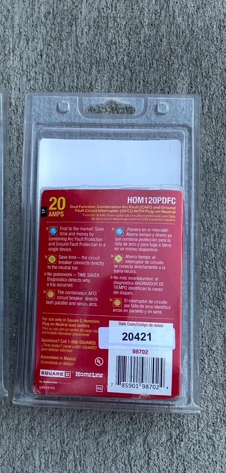 Disyuntor Square D HOM120PDFC doble función CAFI/GFI enchufable neutro Foto 2 de 3