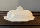 Vintage Milk Glass Covered Butter Dish with Grape & Berry Pattern