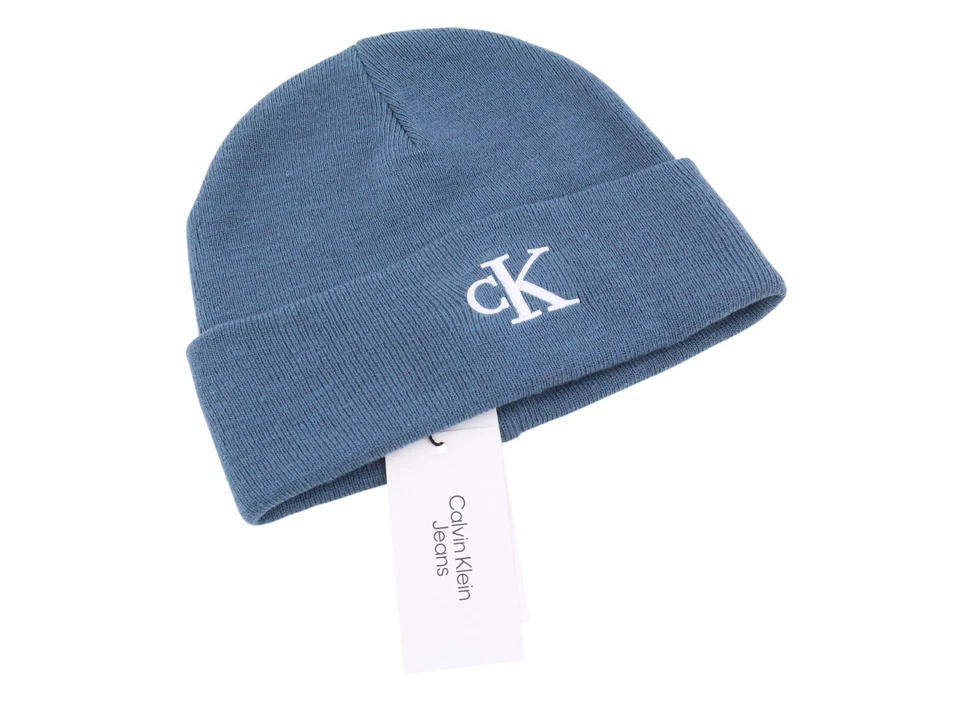 Calvin Klein Monogram Embro Beanie Hombre Sombrero OS Algodón Azul Punto Bordado - Imagen 2 de 4
