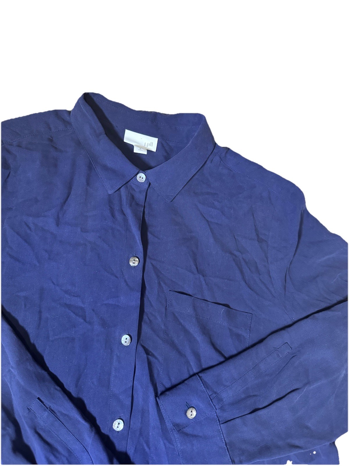 J.Jill Women's medium Tall 100% Silk Button Down Shirt Navy Blue Long Sleeve