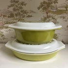 Vintage Set Of Pyrex Verde Green Casseroles With Olive Lids Divided & 043 1.5q