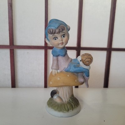 VIntage Brinn's Ceramic Pixie Elf Figurine Sitting on a Mushroom with a Snail.