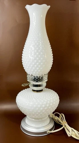 Vintage Milk Glass HOBNAIL Hurricane Oil Lamp Style Electric Boudoir Table Lamp