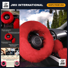 Fluffy Sheepskin Steering Wheel Cover Set For Women - 3 Pcs Soft Cozy
