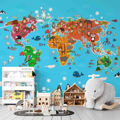 3D Cartoon World Map Kids Self-adhesive Removeable Wallpaper Wall Mural