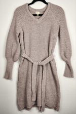 Emma & Posh cozy, beige, boucle-knit, v-neck sweater dress w/ waist tie- Size L