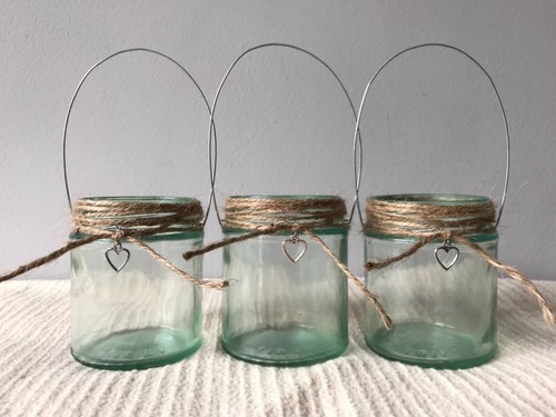 Hanging glass jar hint of green tea light holder heart wedding candle Lantern - Picture 9 of 10