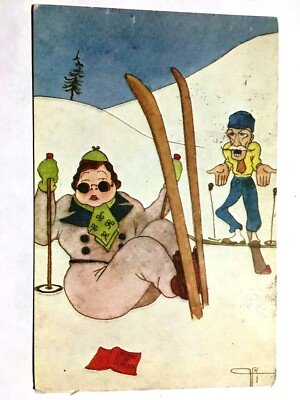 AK Humor und Sport Nr. 505 GGA FRAU sitzend Ski in der Luft Mann erstaunt - signiert
