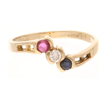 Ring 9 kt Gelbgold Rubin, Diamant & Saphir Dreisteine (Größe O 1/2) 7 mm breitster