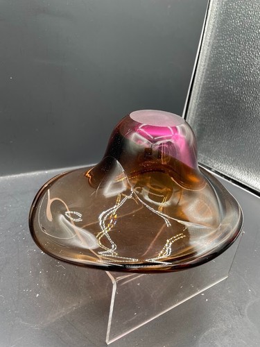 Hand Blown Amethyst Brown Hombre Glass Bowl Signed Vintage Handmade Glass Dish - Picture 12 of 14